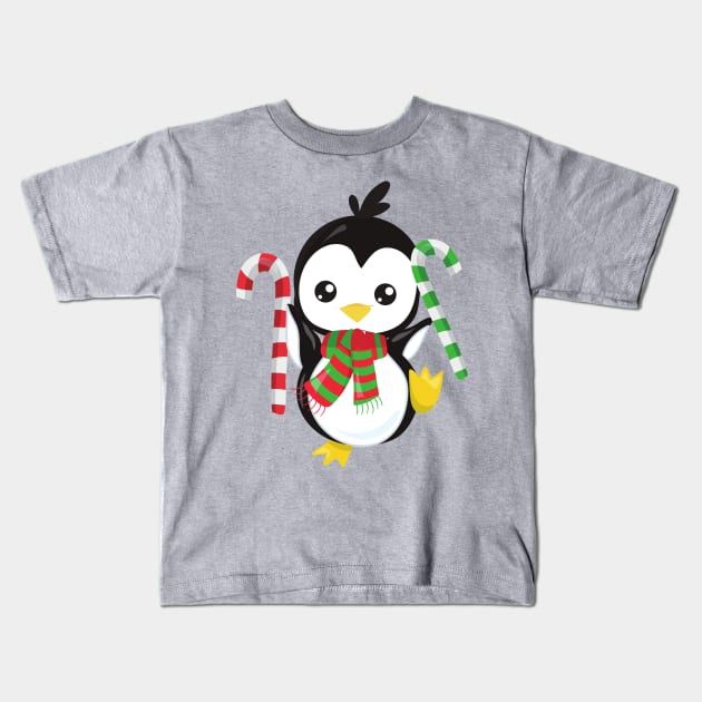 Christmas Penguin, Penguin With Scarf, Candy Cane Kids T-Shirt by Jelena Dunčević